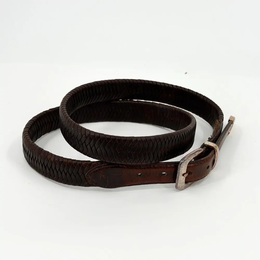 Vintage 90s Brown Genuine Leather Western Woven Silver Tip Belt